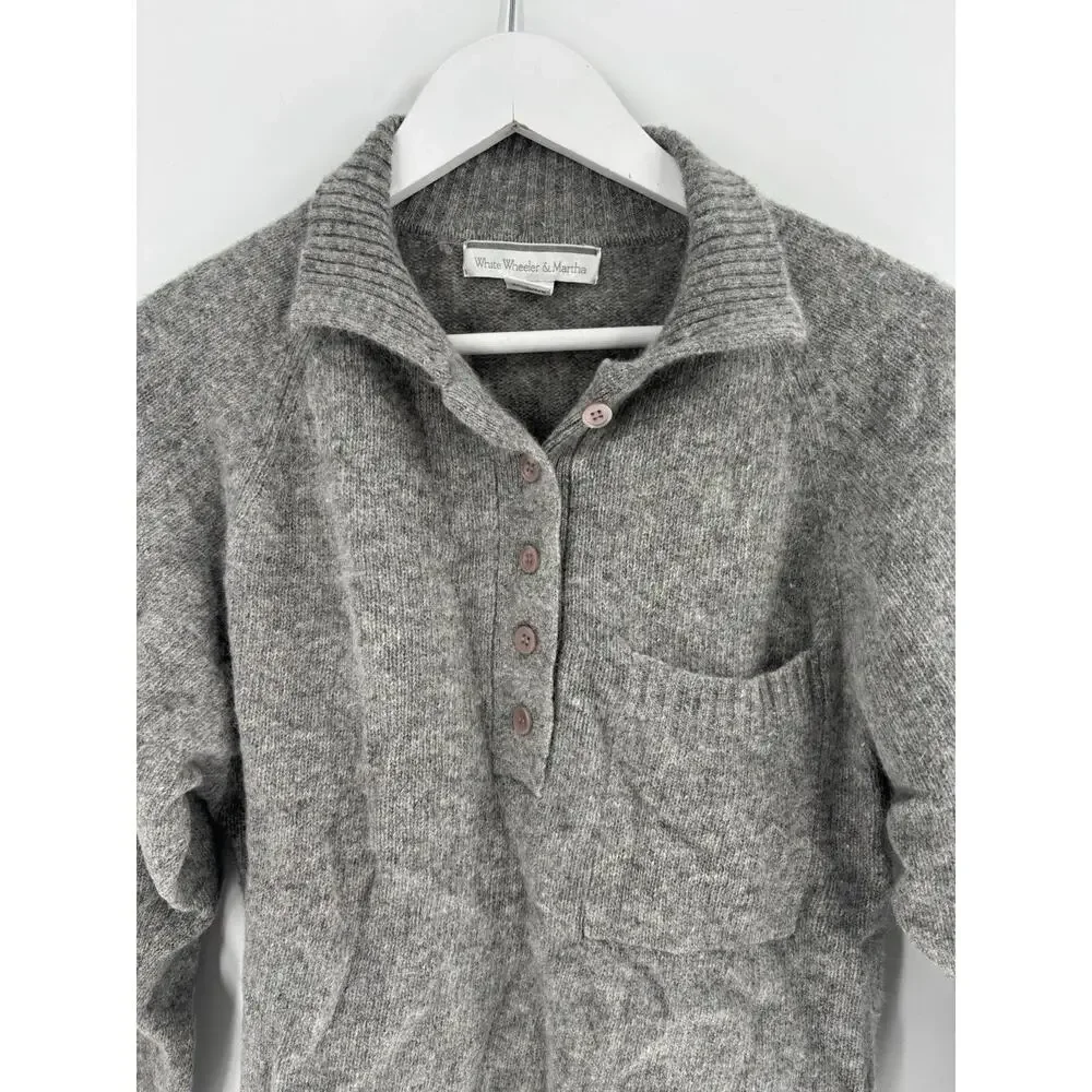 White Wheeler & Martha Sweater Womens Medium Gray Wool Rabbit Hair 1/4 Button